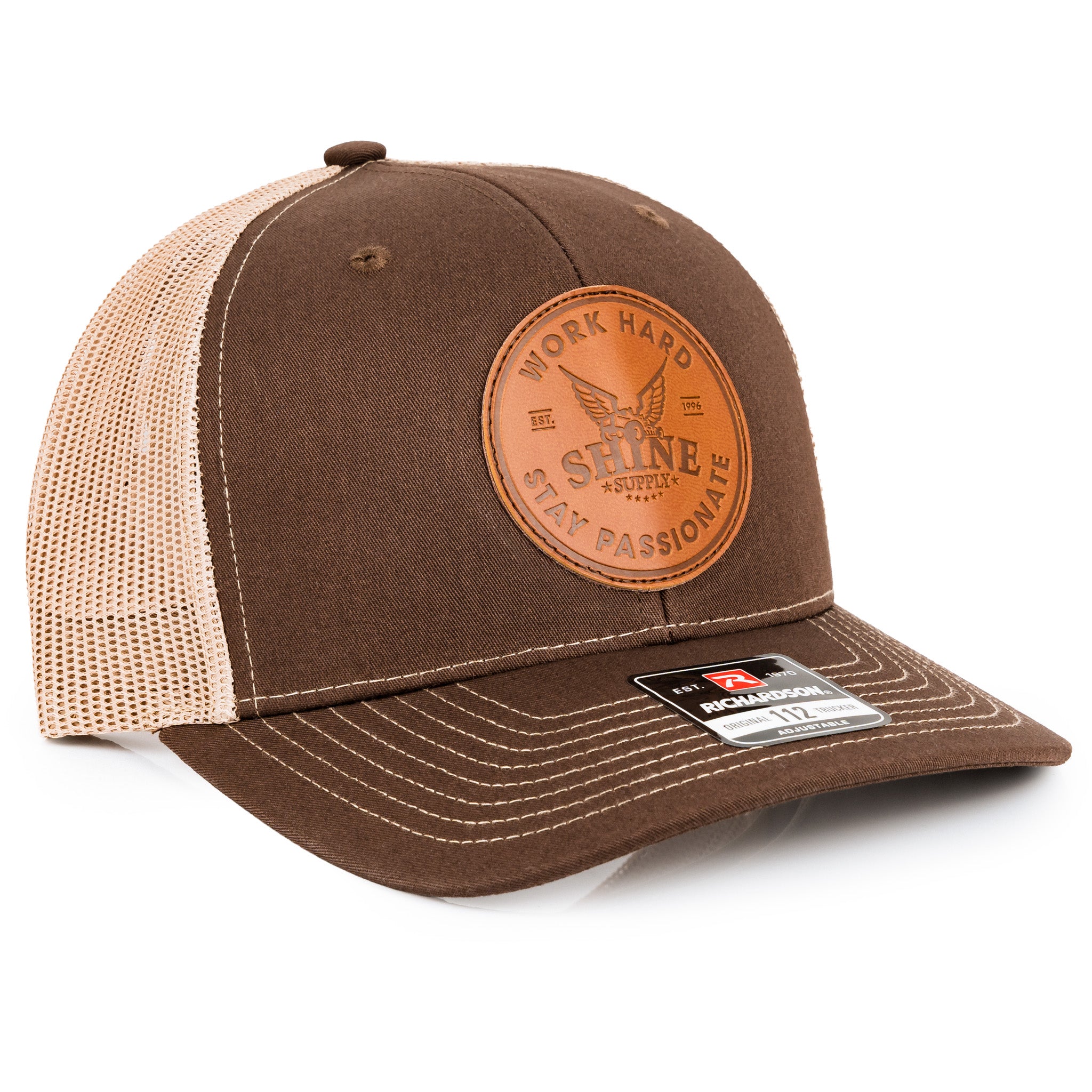 "Leather Work Hard" Richardson Snapback (Curved Brim) - Brown/Tan