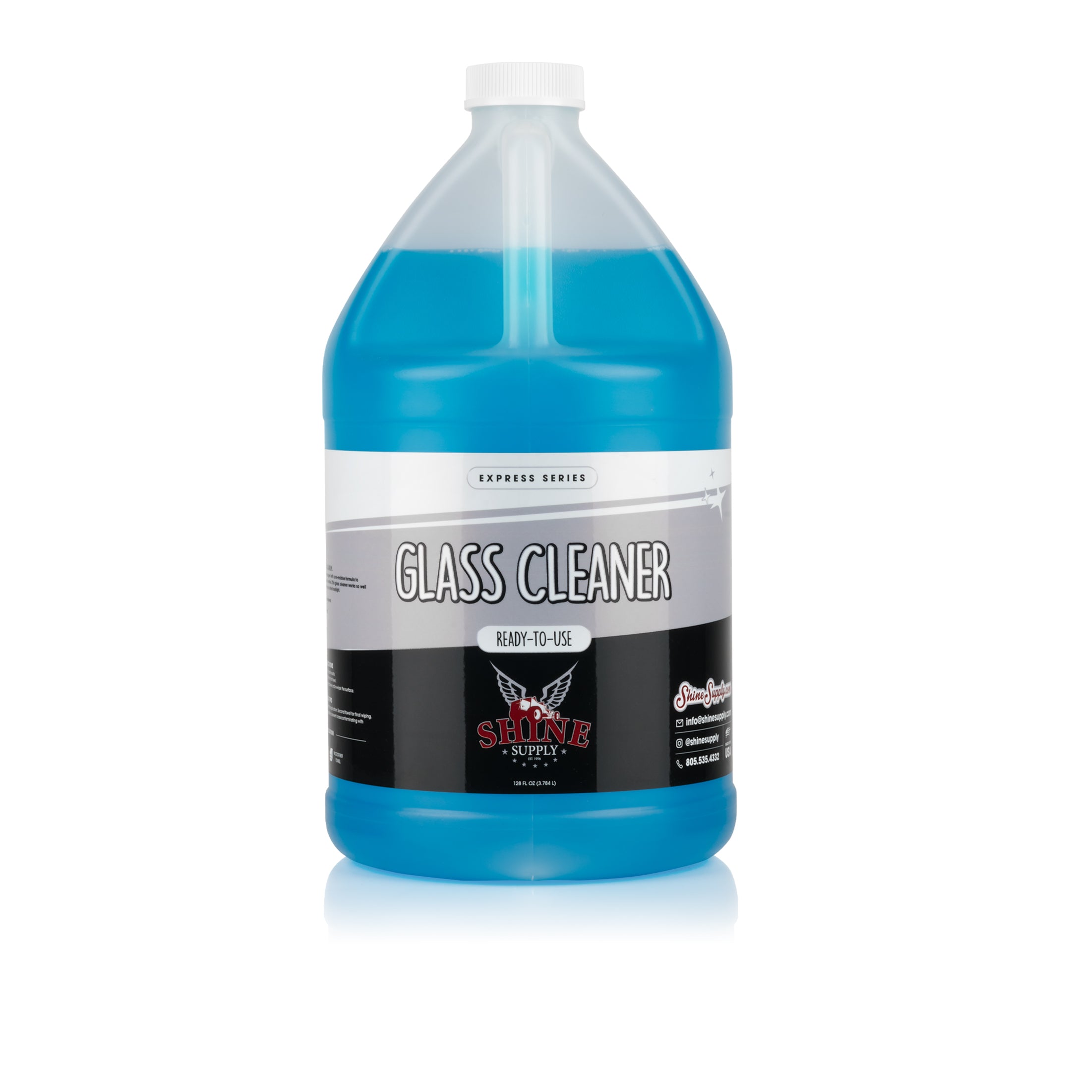 Gallon jug of blue 'Express Series' glass cleaner labeled 'Ready-to-Use' on a white background.