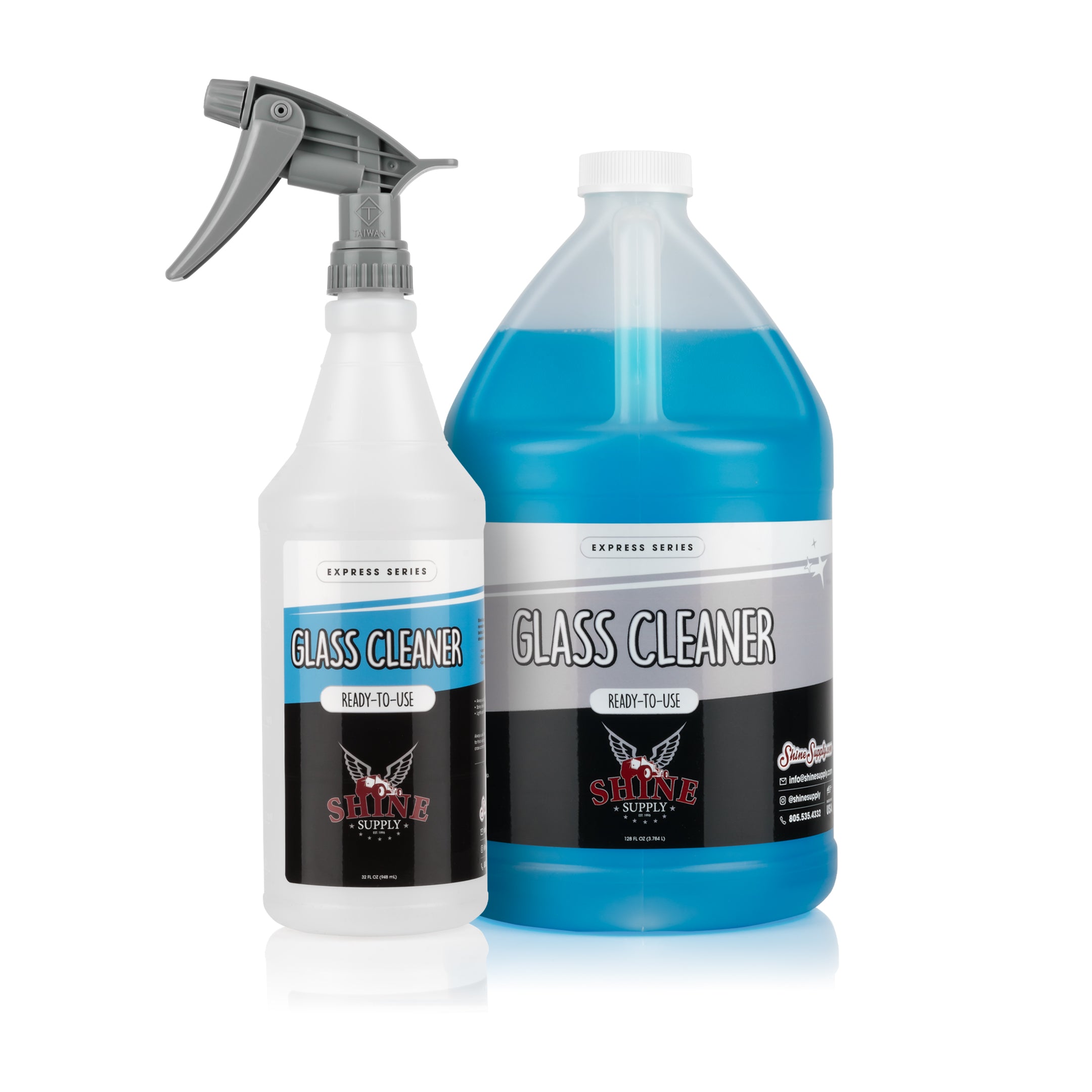 Two bottles of 'Express Series' glass cleaner, one small with spray nozzle and one large gallon.