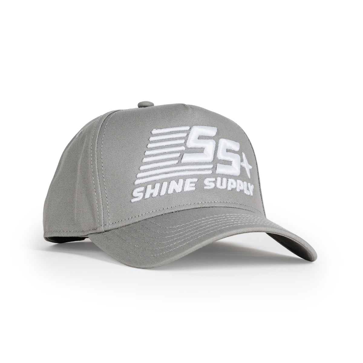 Apex snapback in grey, embroidered SS speed logo and Shine Supply wordmark