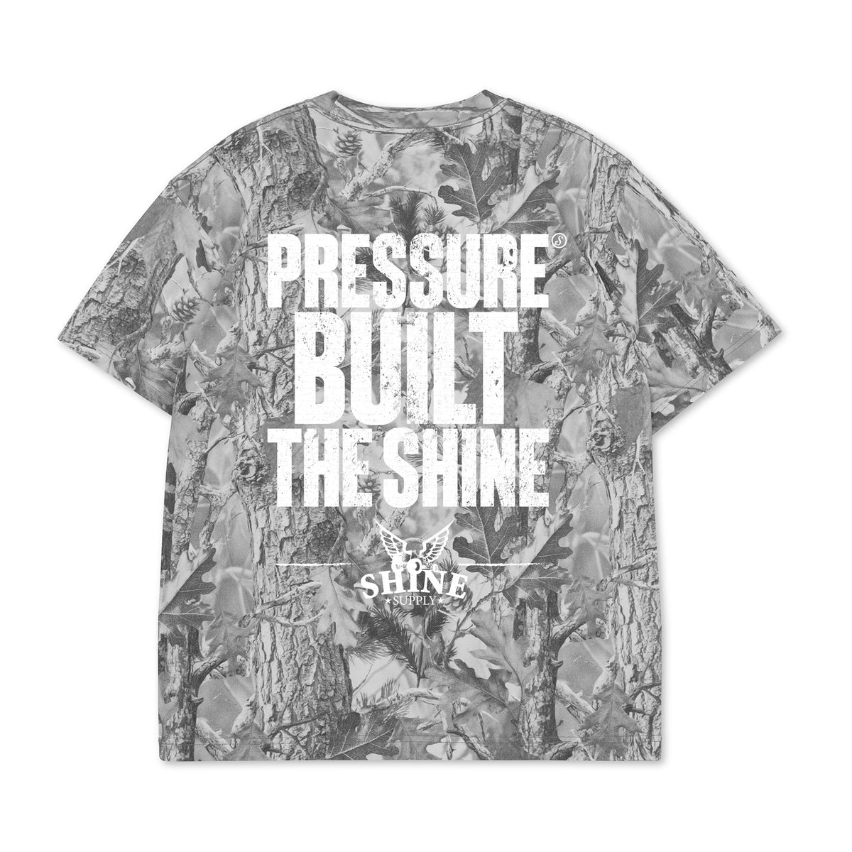 Pressure Built Fall Authentics Tee in snow camo, back view with block letter print