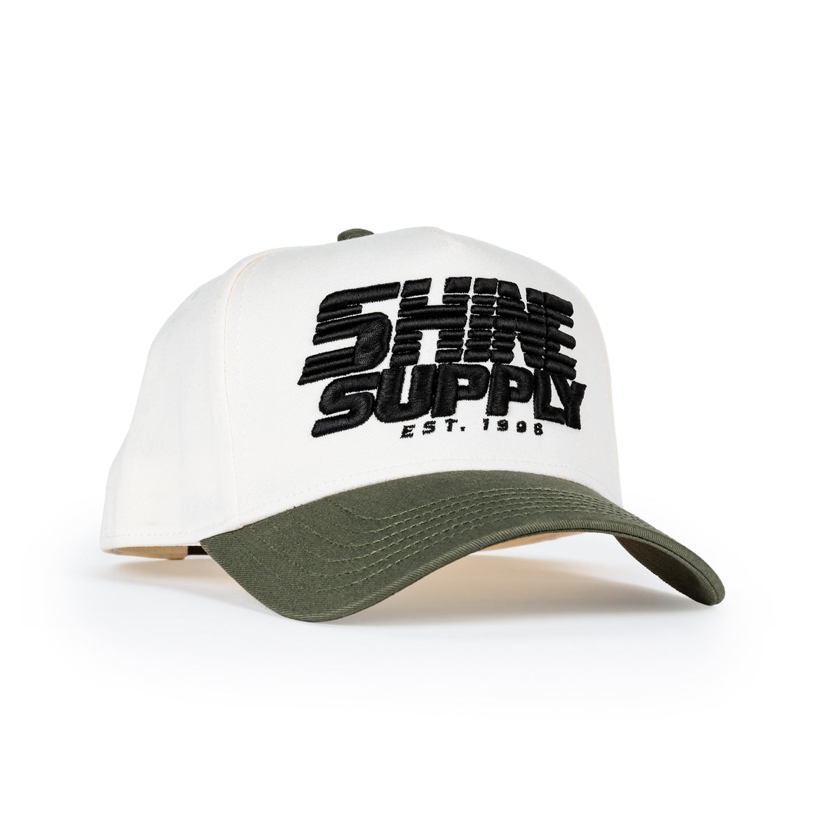 Green Flag snapback in cream with green bill, embroidered Shine Supply Est. 1996 racing logo