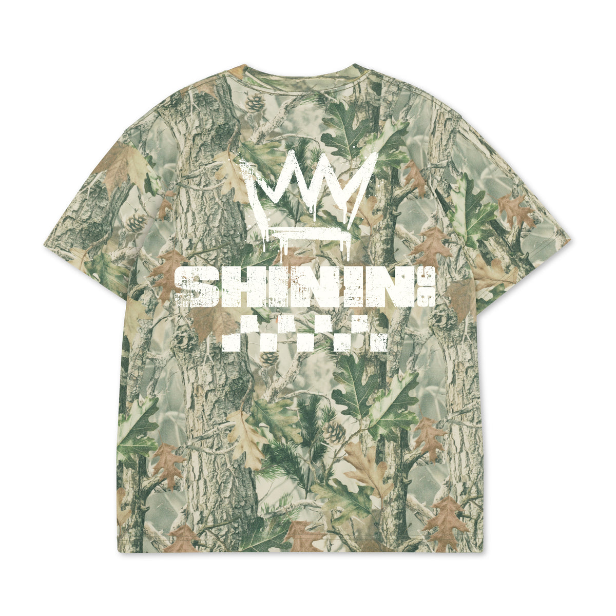 Shinin' Fall Authentics Tee in forest camo, back view with crown and Shinin' print