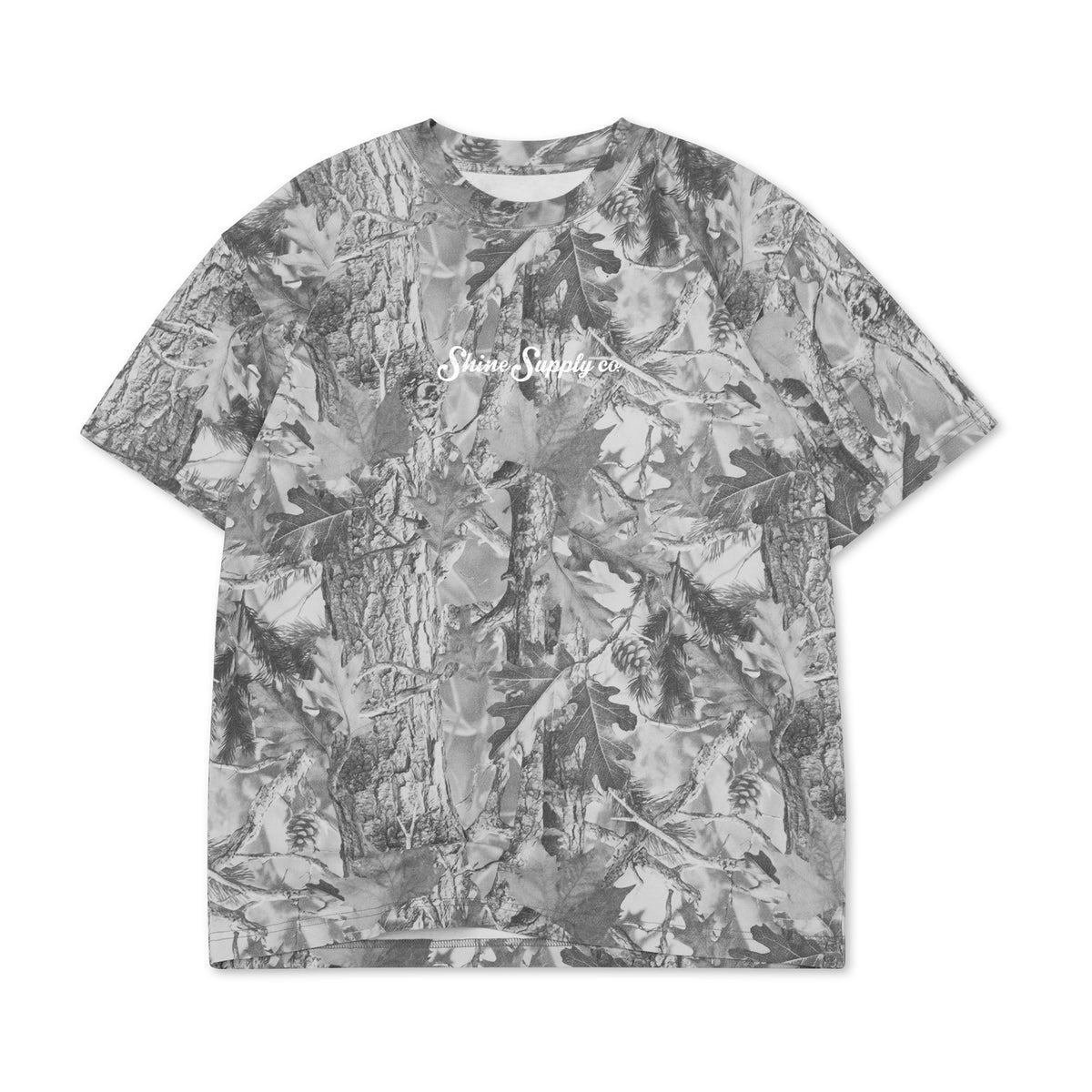 Fresh Vibes Fall Authentics Tee in snow camo, front view with Shine Supply script