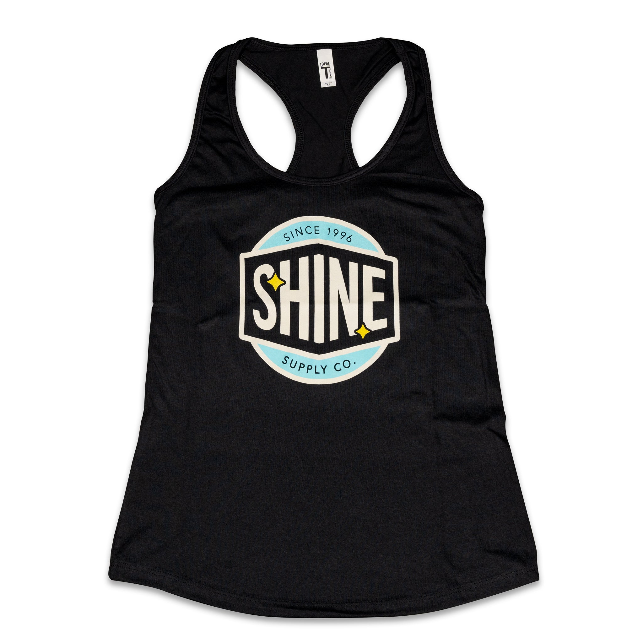 Black women's tank top with 'SHINE Supply Co.' logo, dated 1996, on the front.