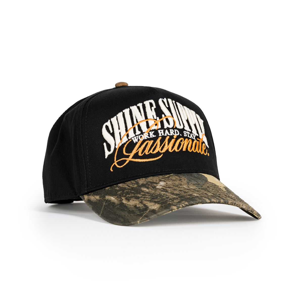 All In snapback in black with camo bill, embroidered Shine Supply Stay Passionate