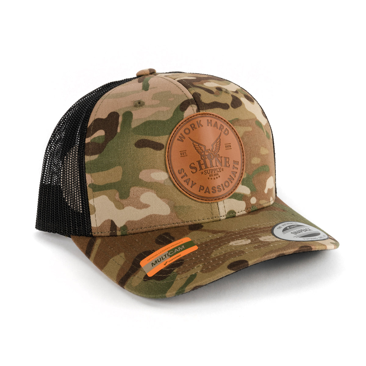 "Leather Work Hard" Trucker Snapback - Camo - Curved Brim