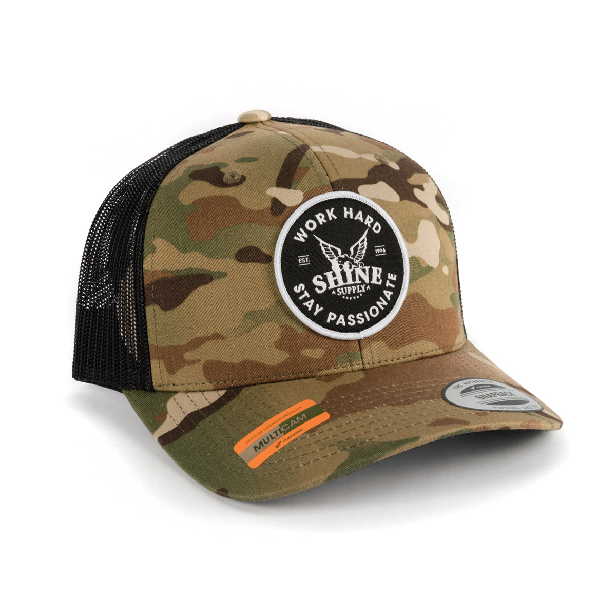 "Work Hard" Trucker Hat Snapback - Camo - Curved Bill