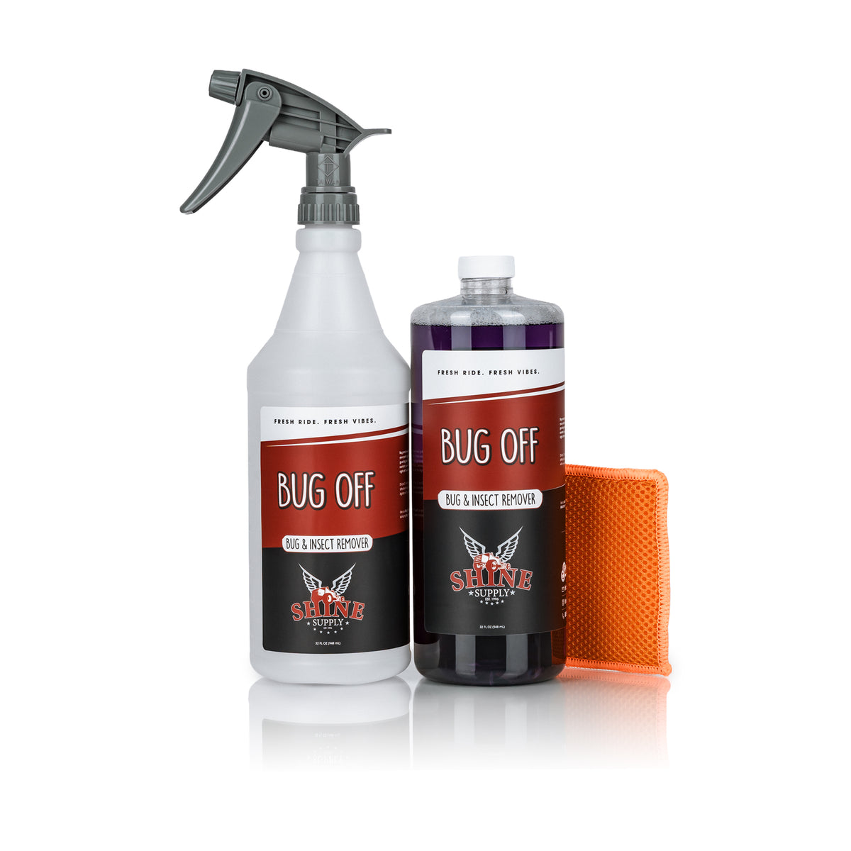 Shine Supply Bug Remover Kit with Bug Off insect remover concentrate, a labeled 32 oz Bug Off spray bottle, and an orange Bug Scrubber Pad