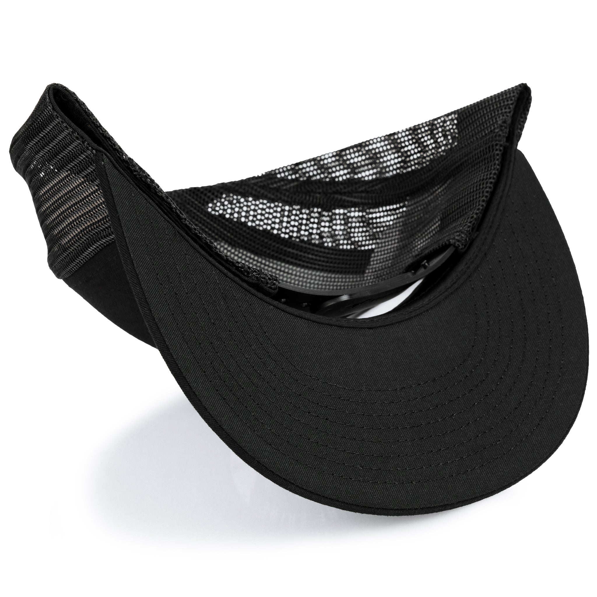 Black trucker snapback hat with mesh back and adjustable strap.