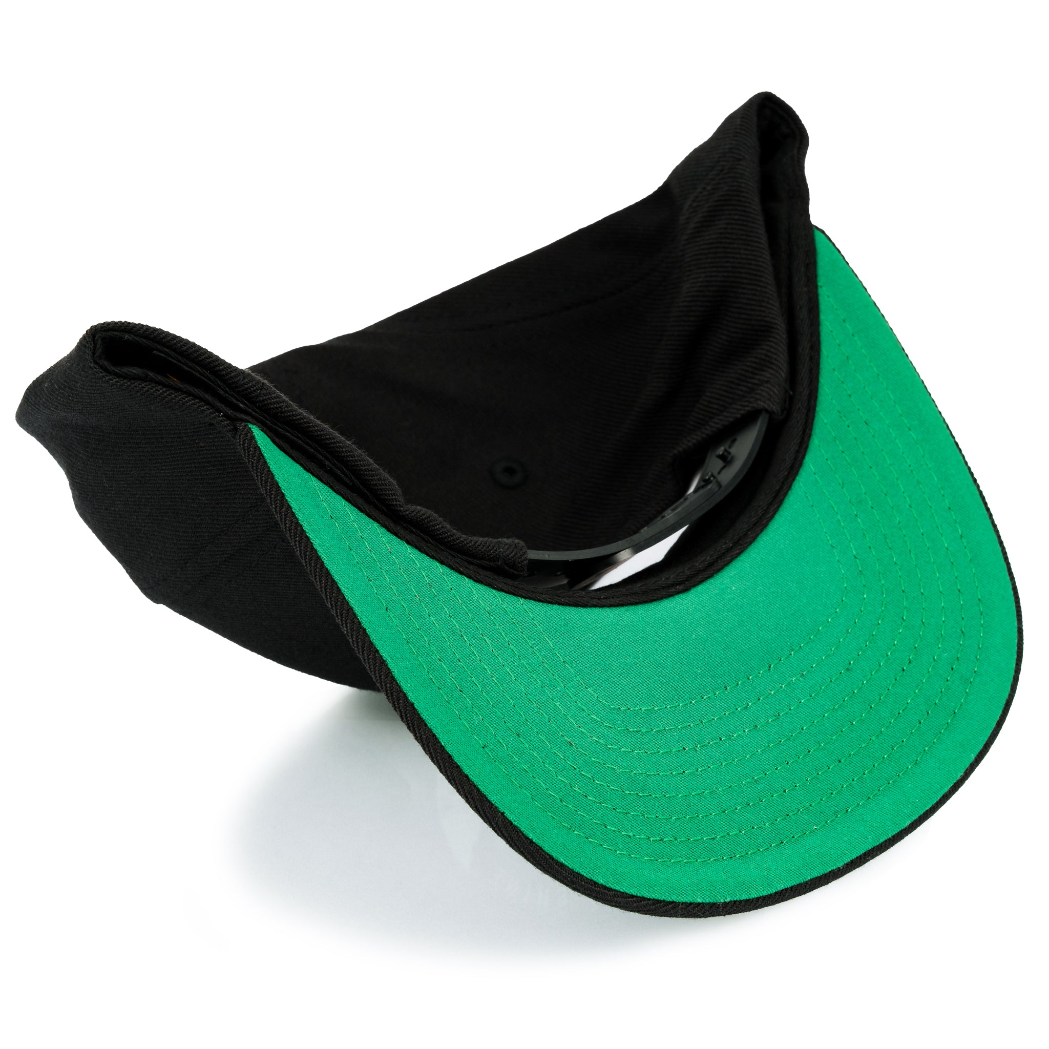 Black snapback hat with a vibrant green brim and adjustable strap.