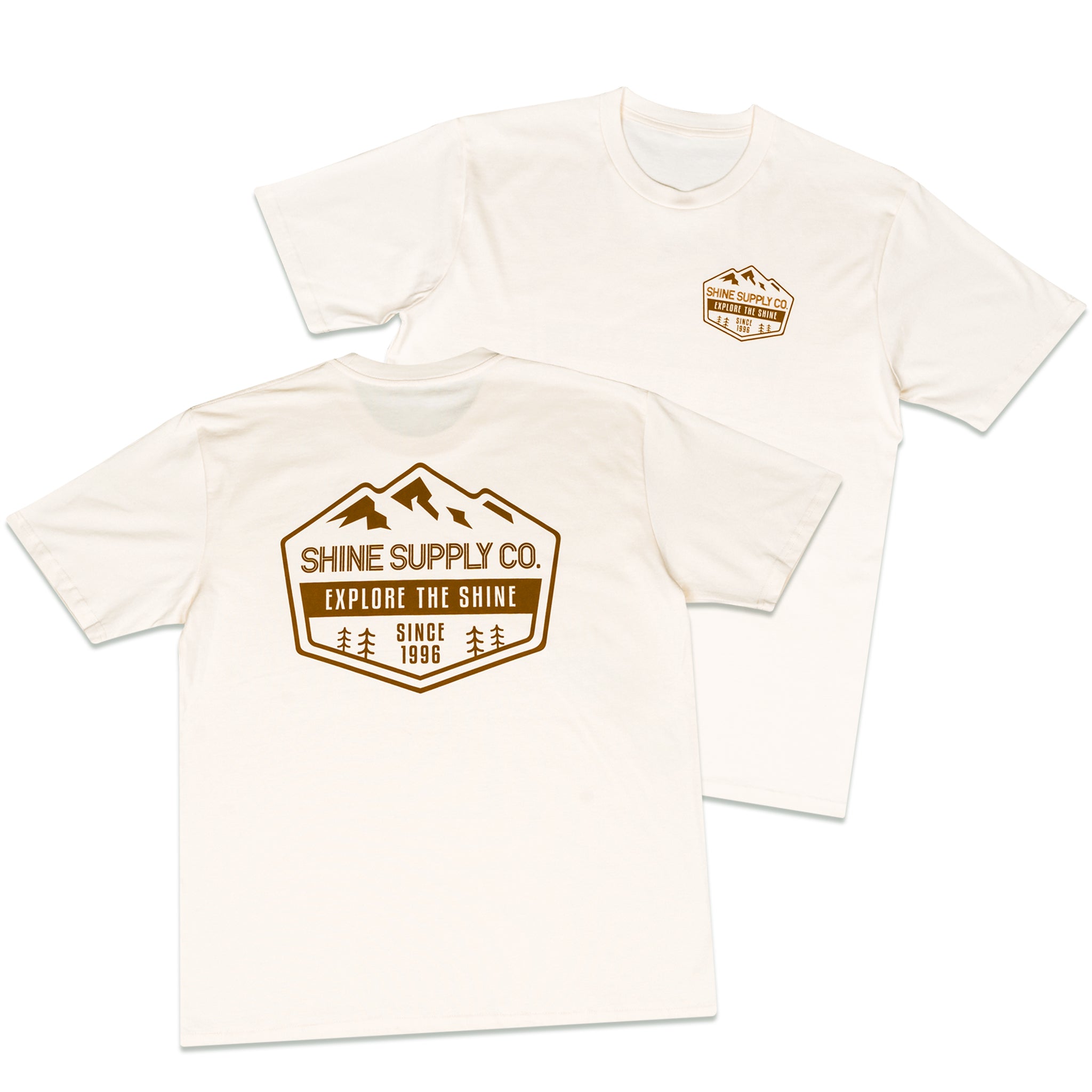 Two ecru-colored t-shirts with brown "Shine Supply Co. Explore The Shine" logo on front and back.