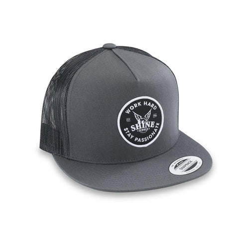Work Hard - Trucker - Snapback Hat (Flat Bill) - Dark Grey / Dark Grey