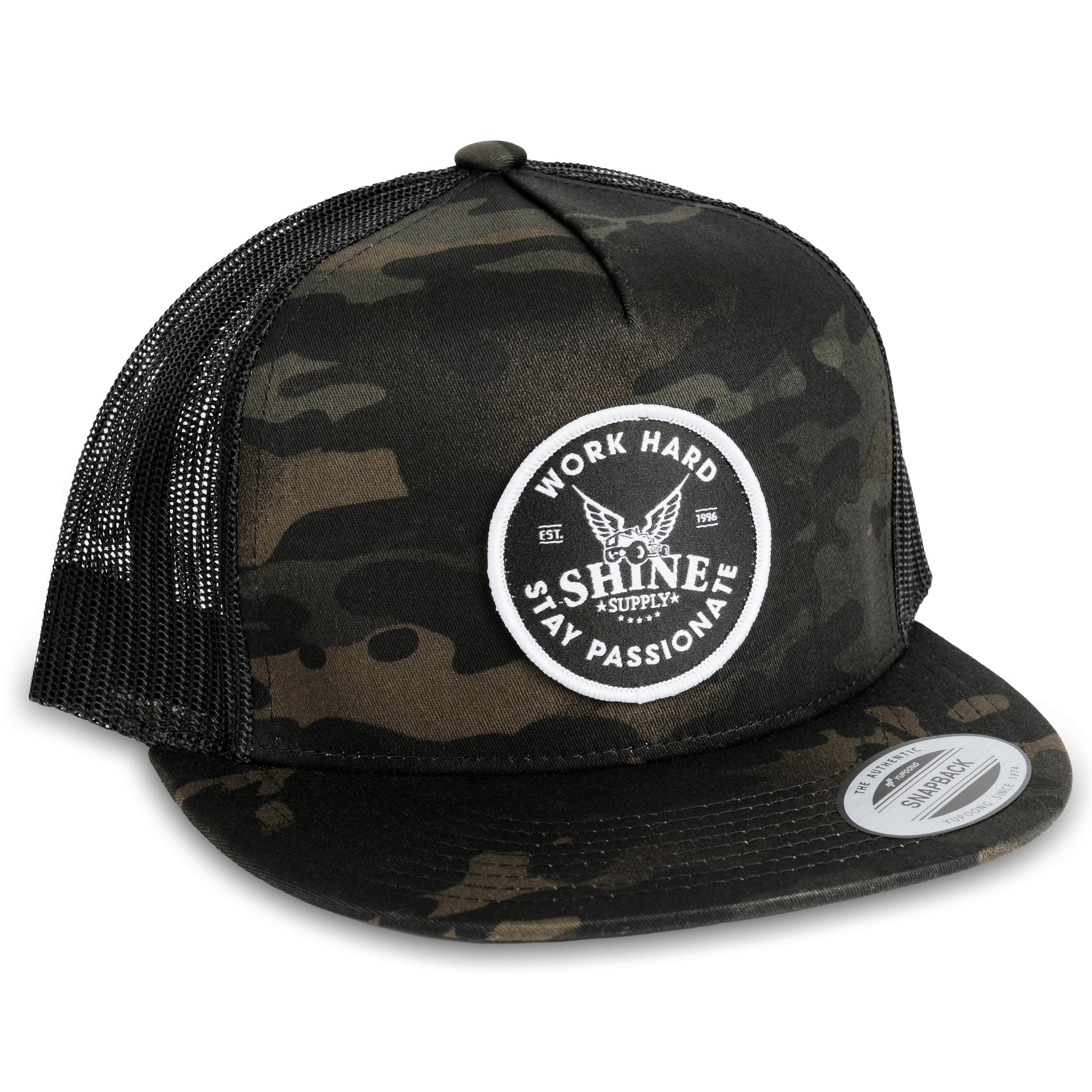 "Work Hard" - Trucker Snapback - Dark Camo
