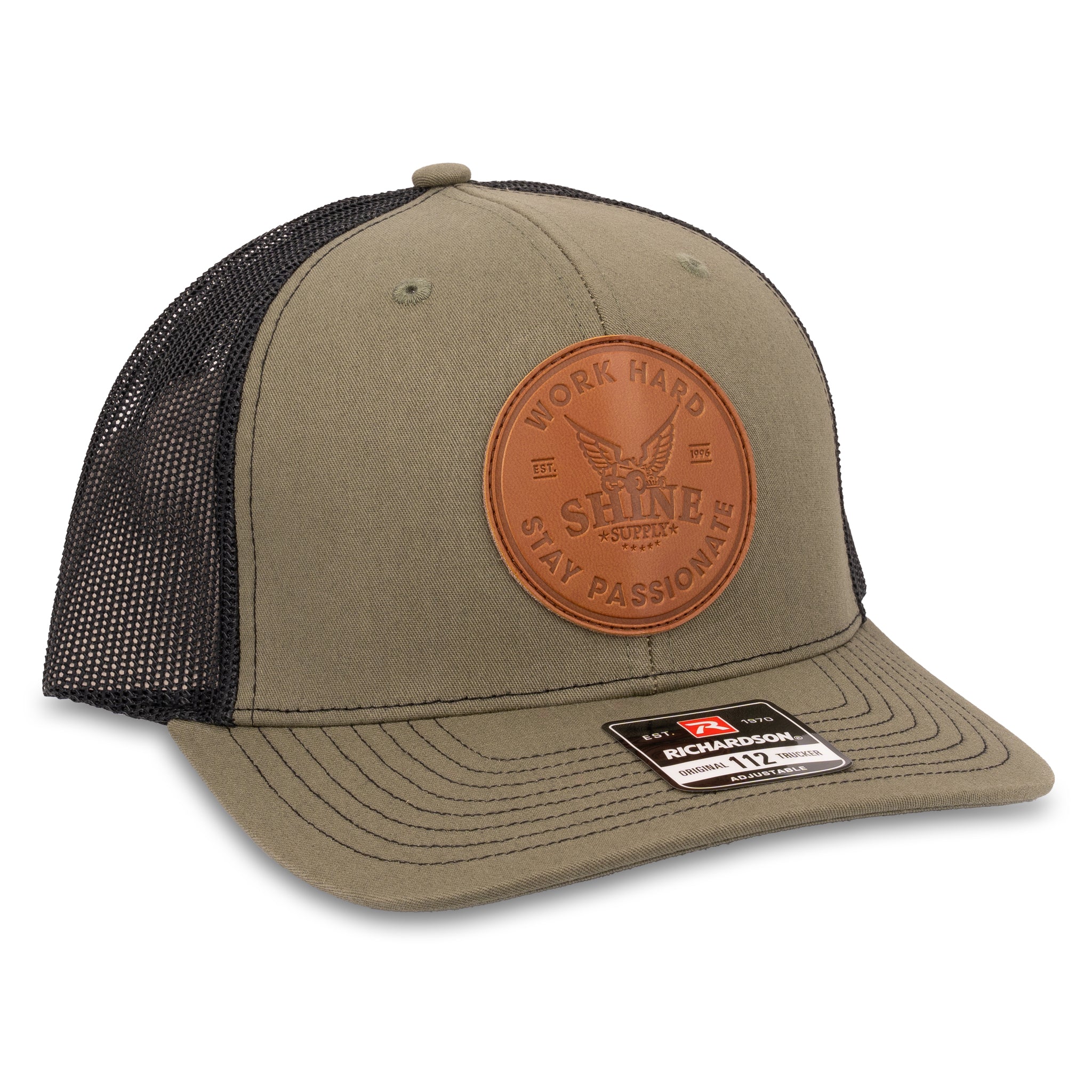 "Leather Work Hard" - Richardson Snapback Hat - Olive Green