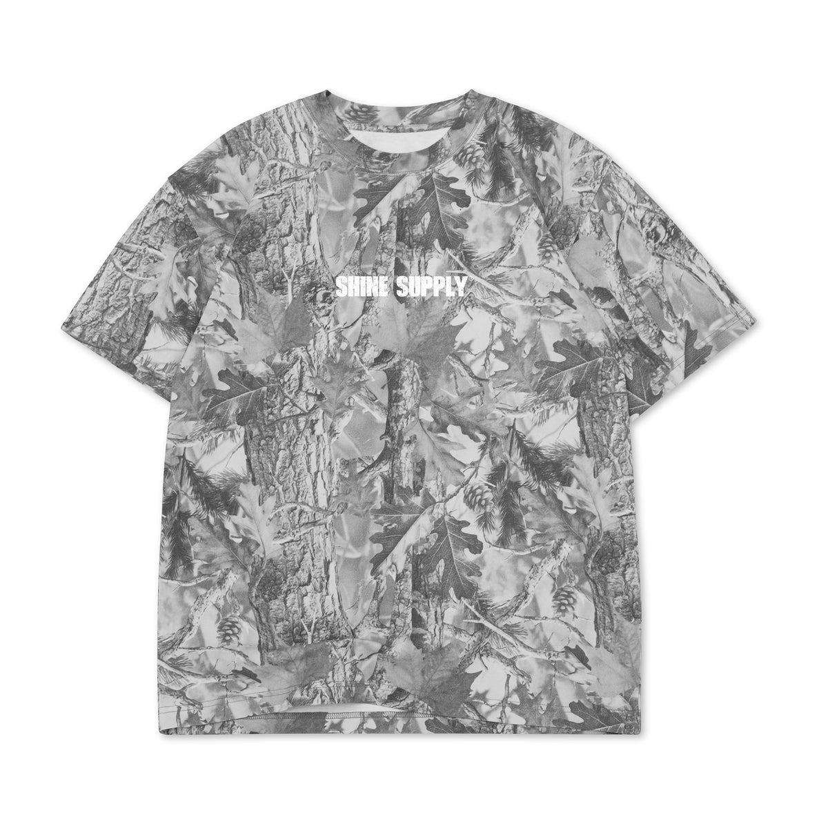 Pressure Built Fall Authentics Tee in snow camo, front view with Shine Supply chest print