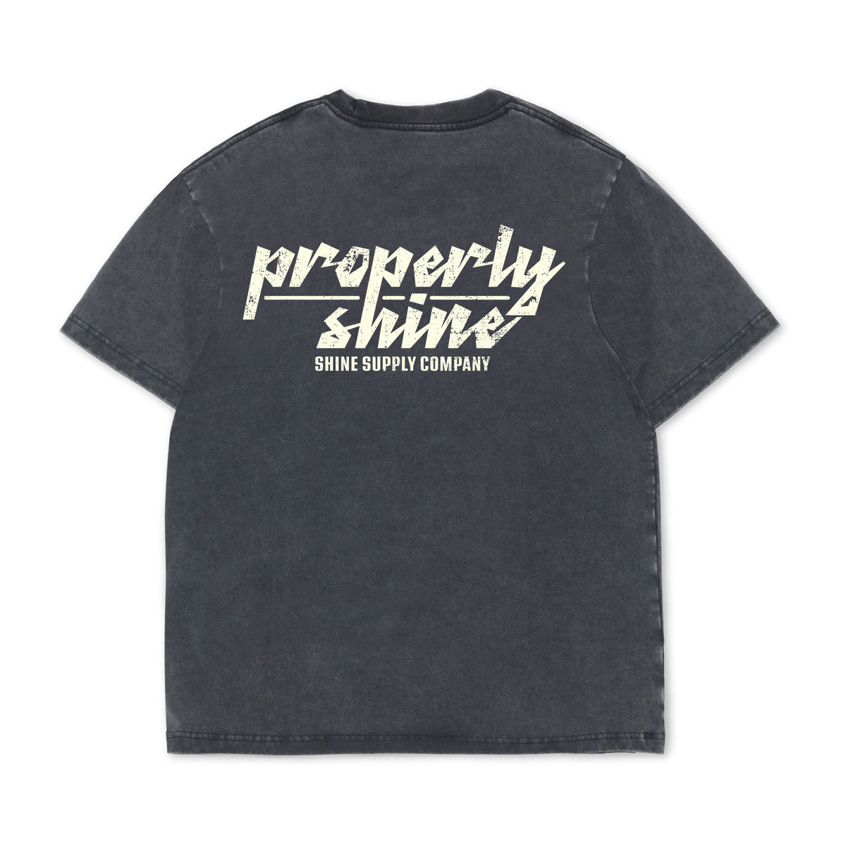 Properly Shine Fall Authentics Tee in vintage black, back view with retro script print