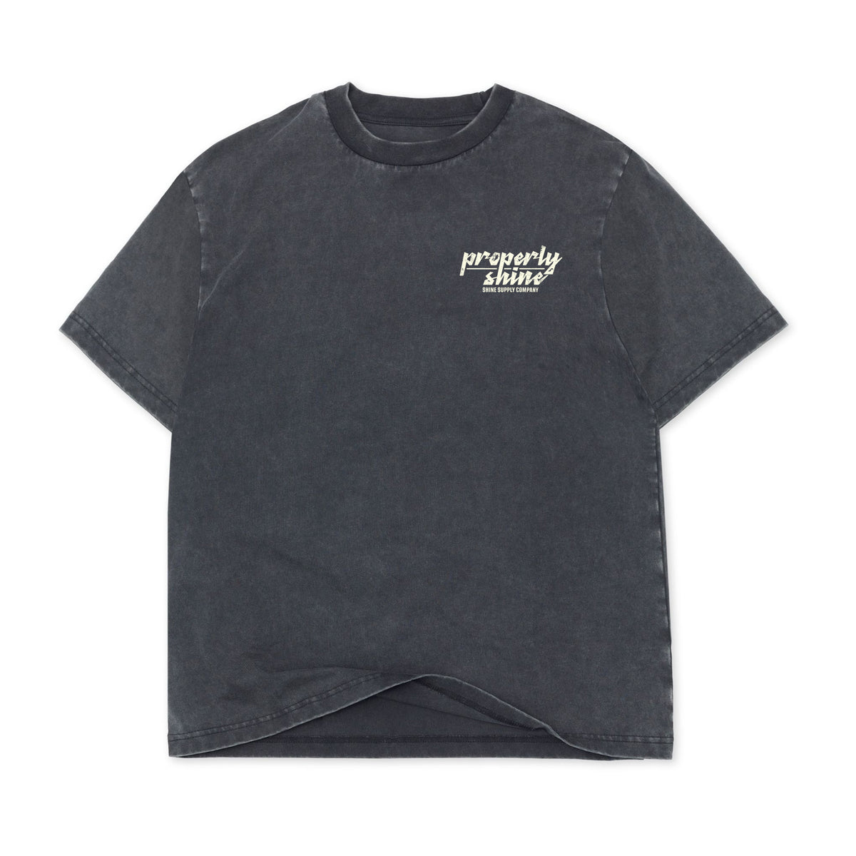 Properly Shine Fall Authentics Tee in vintage black, front view with chest script