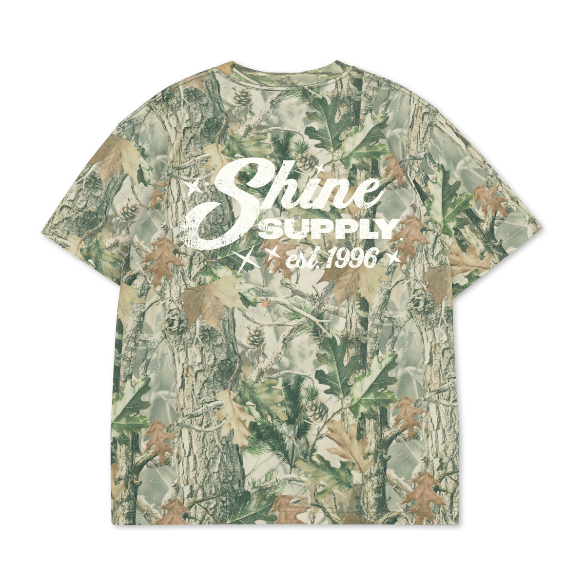 Throwback Fall Authentics Tee in forest camo, back view with old school Shine Supply script logo
