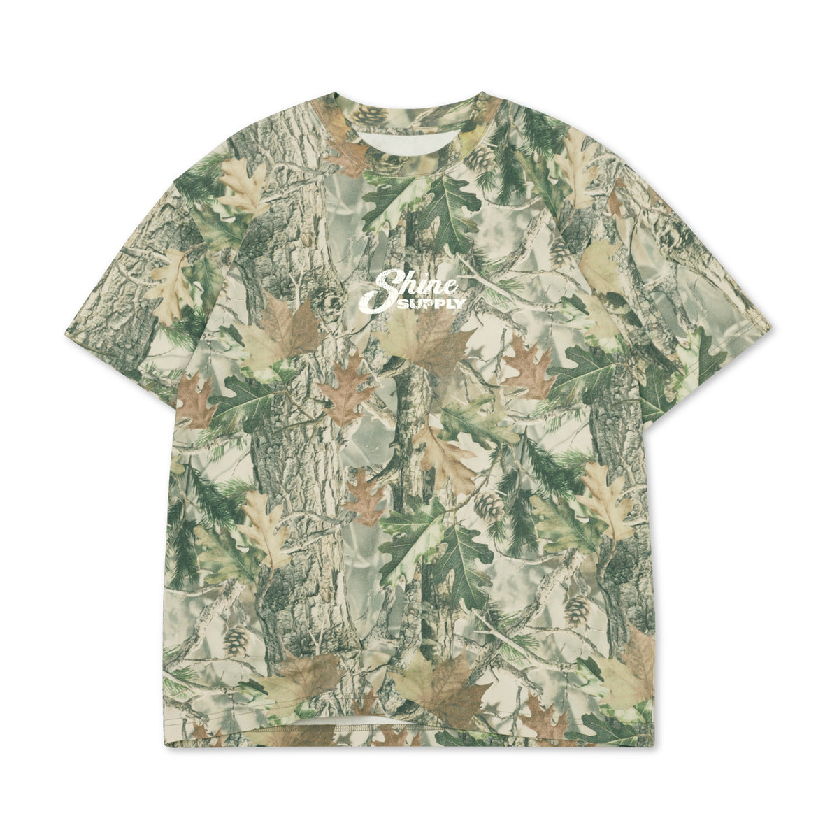 Throwback Fall Authentics Tee in forest camo, front view with chest logo