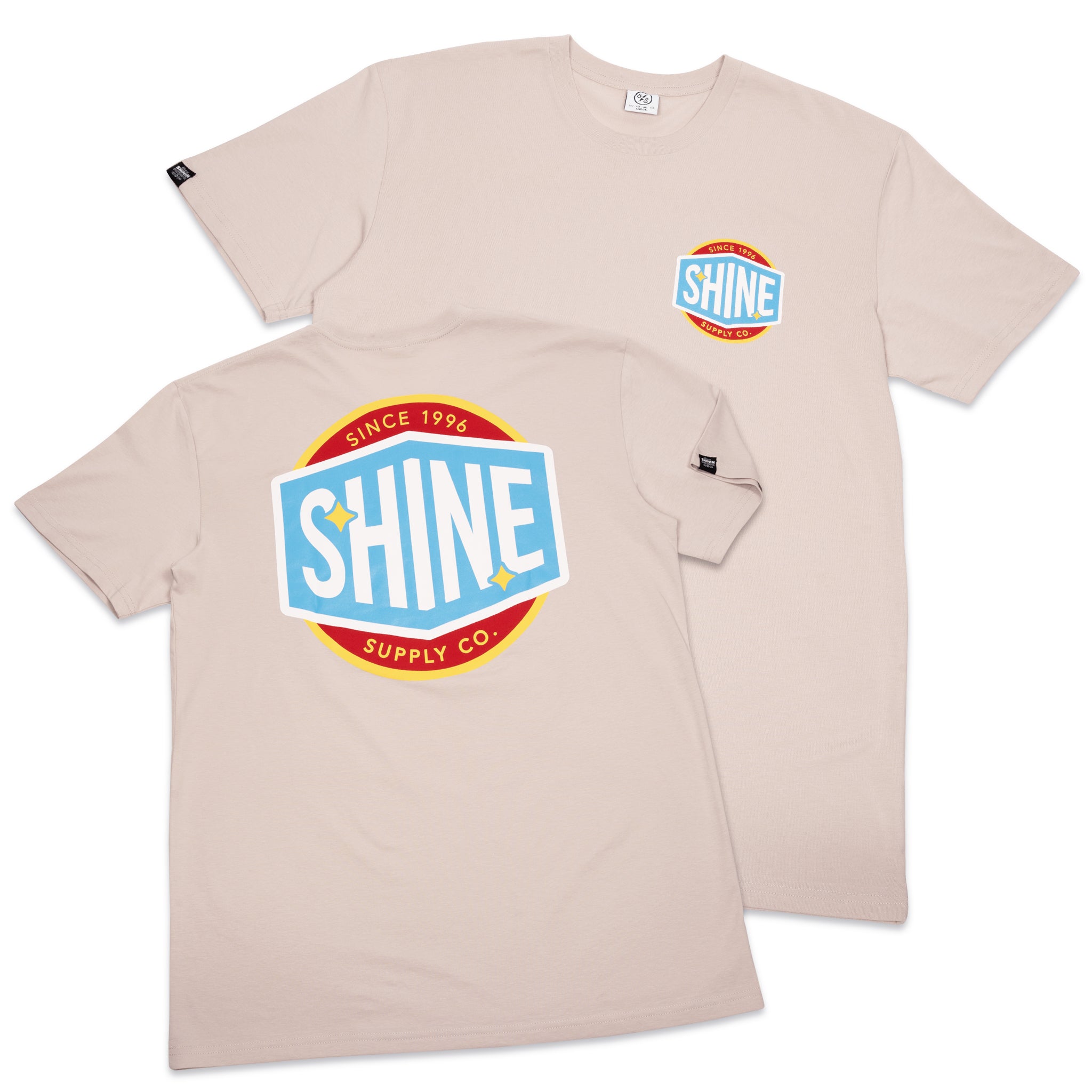 Two bone-colored "GasCan" Authentics T-shirts with "SHINE Supply Co." logo, one displayed front and back.