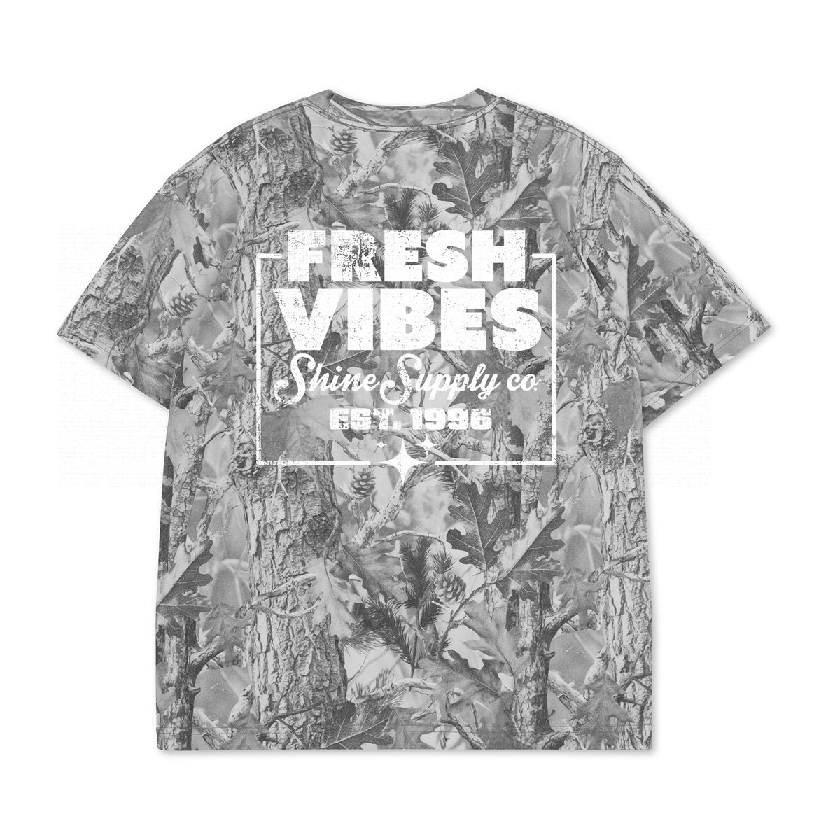 Fresh Vibes Fall Authentics Tee in snow camo, back view with boxed Fresh Vibes print