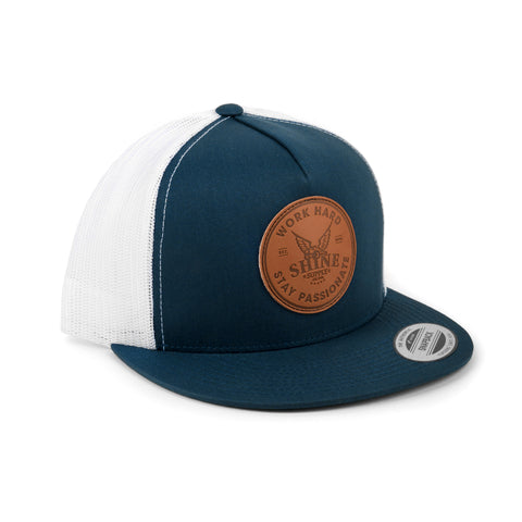 Work Hard Trucker Snapback Hat (Flat Bill) - Navy Blue - Leather Patch