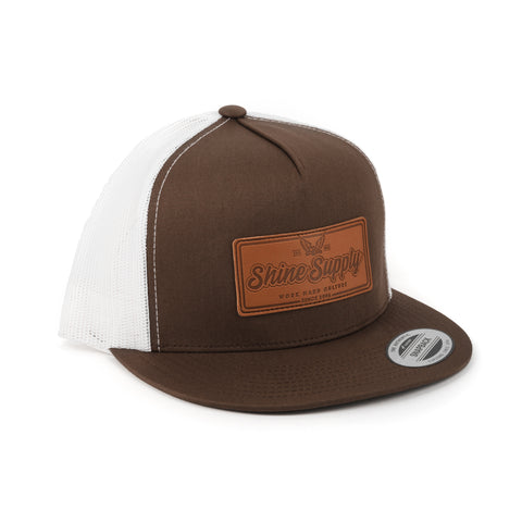 Work Hard Culture Leather Trucker Snapback Hat (Flat Bill) - Brown/White