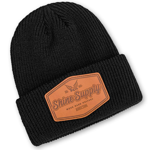 Shine Supply - Black Waffle Knit Beanie - Leather Patch